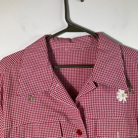 Womens Gingham Daisy‎ Button Jacket L Red White Long Sleeve Pockets - Picture 4 of 9